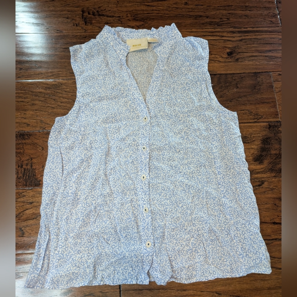 Maeve Women's White and Blue Sleeveless Button-Front Top Size XS